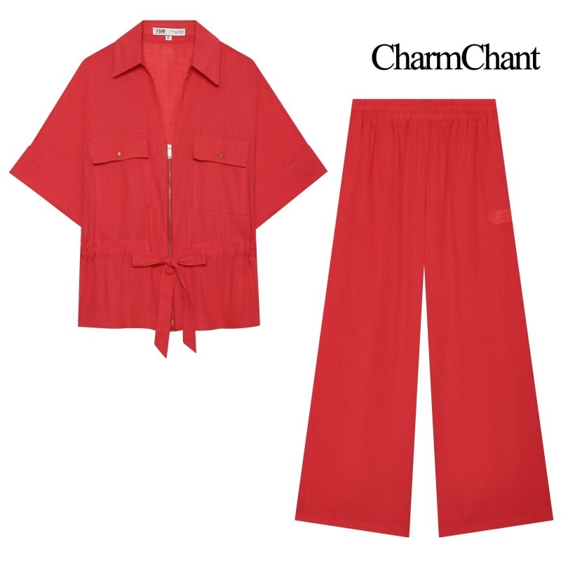 Short Linen Drawstring - CHARMCHANT Dames Tweedelig Pak van Linnenmix,