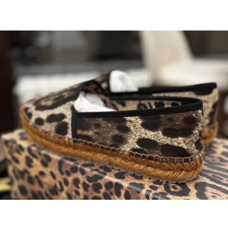 Espadrille Slip On - Platte schoenen met luipaardpatroon, geweven zool,